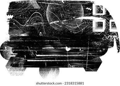Glitch distorted grunge layer  . Noise destroyed texture . Trendy defect error shapes . Overlay grunge texture . Distressed effect .Vector shapes with a halftone dots screen print texture.