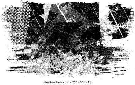 Glitch distorted grunge layer  . Noise destroyed texture . Trendy defect error shapes . Overlay grunge texture . Distressed effect .Vector shapes with a halftone dots screen print texture.