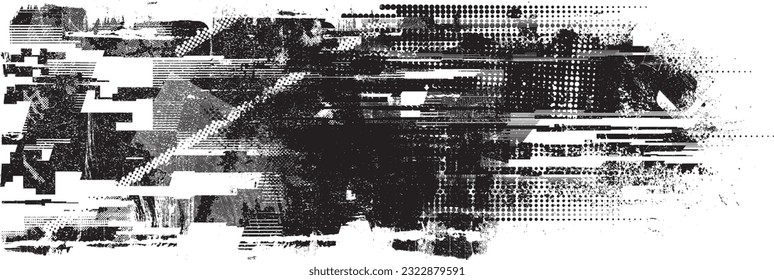 Glitch distorted grunge layer  . Noise destroyed texture . Trendy defect error shapes . Overlay grunge texture . Distressed effect .Vector shapes with a halftone dots screen print texture.