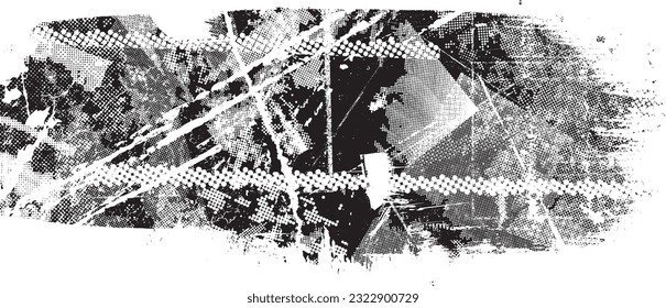 Glitch distorted grunge layer  . Noise destroyed texture . Trendy defect error shapes . Overlay grunge texture . Distressed effect .Vector shapes with a halftone dots screen print texture.