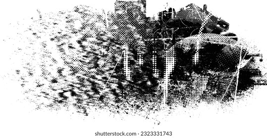 Glitch distorted grunge layer  . Noise destroyed texture . Trendy defect error shapes . Overlay grunge texture . Distressed effect .Vector shapes with a halftone dots screen print texture.