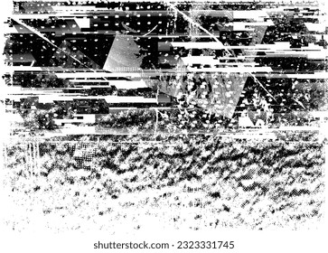 Glitch distorted grunge layer  . Noise destroyed texture . Trendy defect error shapes . Overlay grunge texture . Distressed effect .Vector shapes with a halftone dots screen print texture.