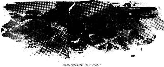 Glitch distorted grunge layer  . Noise destroyed texture . Trendy defect error shapes . Overlay grunge texture . Distressed effect .Vector shapes with a halftone dots screen print texture.