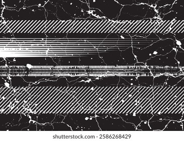 Glitch distorted grunge layer . Noise destroyed texture. Checkered race grunge flag . Overlay grunge texture .Distressed effect .Vector shapes with a speed lines and tire tracks screen print texture.
