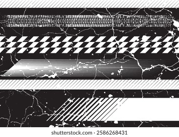 Glitch distorted grunge layer . Noise destroyed texture. Checkered race grunge flag . Overlay grunge texture .Distressed effect .Vector shapes with a speed lines and tire tracks screen print texture.

