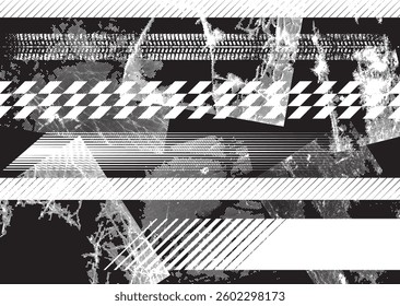 Glitch distorted grunge layer . Noise destroyed texture. Checkered race grunge flag . Overlay grunge texture .Distressed effect .Vector shapes with a speed lines and tire tracks screen print texture.