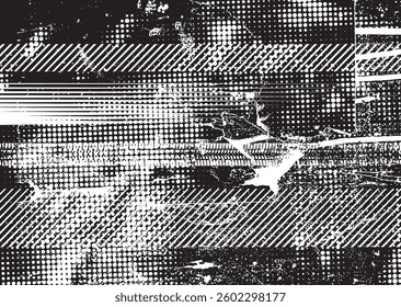 Glitch distorted grunge layer . Noise destroyed texture. Checkered race grunge flag . Overlay grunge texture .Distressed effect .Vector shapes with a speed lines and tire tracks screen print texture.