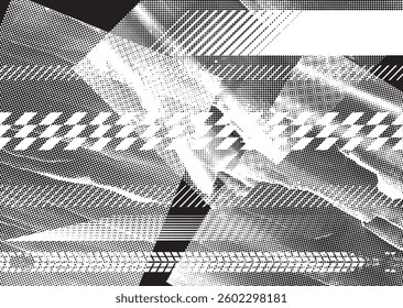 Glitch distorted grunge layer . Noise destroyed texture. Checkered race grunge flag . Overlay grunge texture .Distressed effect .Vector shapes with a speed lines and tire tracks screen print texture.