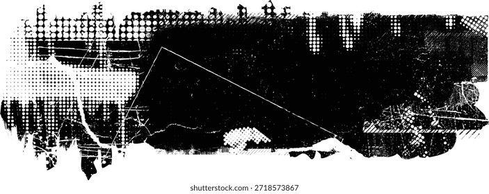Glitch distorsionado capa grunge . El ruido destruyó la textura. Formas de error de defecto de moda . Superponer textura grunge . Efecto afligido. Formas de Vector con una textura de impresión de pantalla de puntos de medio tono.
