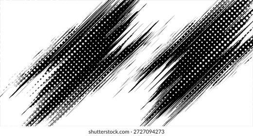Glitch distorted grunge layer . Noise destroyed texture . Trendy defect error shapes . Overlay grunge texture . Distressed effect .Vector shapes with a halftone dots screen print texture
