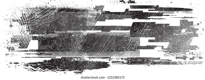 Glitch distorted grunge layer with a textures, lines, halftone dots, brush strokes, stripes, spots . Trendy defect  shapes . Overlay grunge texture . Distressed effect .Vector screen print texture.
