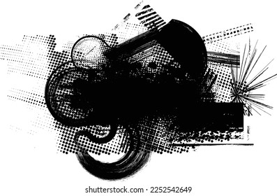 Glitch verzerrte Grunge-Schicht mit Texturen, Linien, Halbtonpunkten, Pinselstrichen, Streifen, Flecken . Trendy Defaultformen . Overlay Grunge Textur . Beklemmender Effekt. Vektor-Siebdruck-Textur.