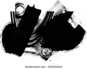 Glitch distorted grunge layer with a textures, lines, halftone dots, brush strokes, stripes, spots . Trendy defect  shapes . Overlay grunge texture . Distressed effect .Vector screen print texture.