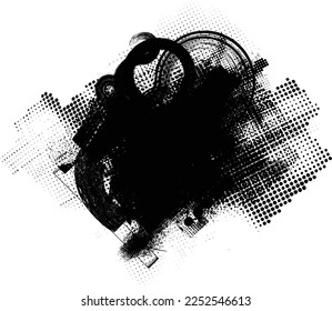 Capa de grunge distorsionada por brillo con texturas, líneas, puntos de semitono, pinceladas, rayas, manchas. Formas de defecto de moda. Textura de fondo. Efecto perturbado .Textura de impresión de pantalla vectora.