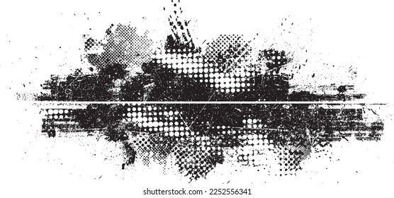 Capa de grunge distorsionada por brillo con texturas, líneas, puntos de semitono, pinceladas, rayas, manchas. Formas de defecto de moda. Textura de fondo. Efecto perturbado .Textura de impresión de pantalla vectora.