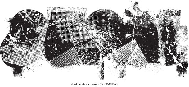 Glitch verzerrte Grunge-Schicht mit Texturen, Linien, Halbtonpunkten, Pinselstrichen, Streifen, Flecken . Trendy Defaultformen . Overlay Grunge Textur . Beklemmender Effekt. Vektor-Siebdruck-Textur.