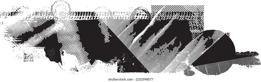 Glitch distorted grunge layer with a textures, lines, halftone dots, brush strokes, stripes, spots . Trendy defect  shapes . Overlay grunge texture . Distressed effect .Vector screen print texture.