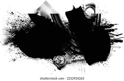 Glitch verzerrte Grunge-Schicht mit Texturen, Linien, Halbtonpunkten, Pinselstrichen, Streifen, Flecken . Trendy Defaultformen . Overlay Grunge Textur . Beklemmender Effekt. Vektor-Siebdruck-Textur.