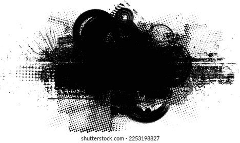 Glitch verzerrte Grunge-Schicht mit Texturen, Linien, Halbtonpunkten, Pinselstrichen, Streifen, Flecken . Trendy Defaultformen . Overlay Grunge Textur . Beklemmender Effekt. Vektor-Siebdruck-Textur.