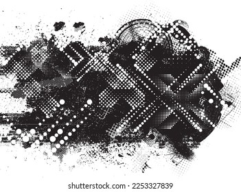Glitch distorted grunge layer with a textures, lines, halftone dots, brush strokes, stripes, spots . Trendy defect shapes . Overlay grunge texture . Distressed effect .Vector screen print texture.