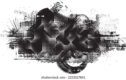 Capa de grunge distorsionada por brillo con texturas, líneas, puntos de semitono, pinceladas, rayas, manchas. Formas de defecto de moda. Textura de fondo. Efecto perturbado .Textura de impresión de pantalla vectora.