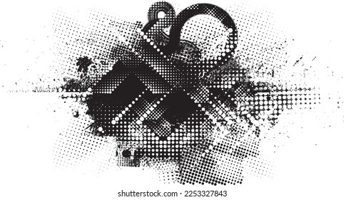 Glitch distorted grunge layer with a textures, lines, halftone dots, brush strokes, stripes, spots . Trendy defect shapes . Overlay grunge texture . Distressed effect .Vector screen print texture.