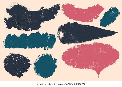 Glitch distorted grunge old shape set. Vector noise grunge logo. Grunge colorful textured. Glitch brush stroke frame illustration. Modern trendy defect error shapes. Distressed effect vector shapes.