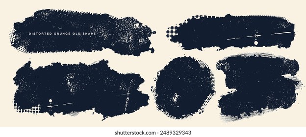 Glitch distorted grunge old shape. Black modern trendy defect error shapes. Grunge textured. Glitch frame illustration. Vector black noise grunge logo.  Set of distressed effect vector shapes.