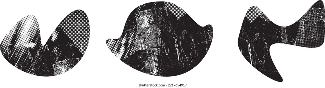 Glitch distorted grungy abstract forms . Blob shape organic. Template for presentation, banner . Fluid isolated shape .Grunge textured . Liquid vector shapes with  halftone dots .Screen print texture