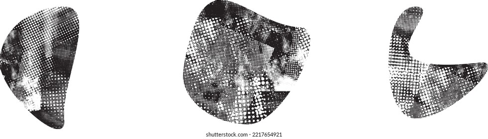 Glitch distorted grungy abstract forms . Blob shape organic. Template for presentation, banner . Fluid isolated shape .Grunge textured . Liquid vector shapes with  halftone dots .Screen print texture