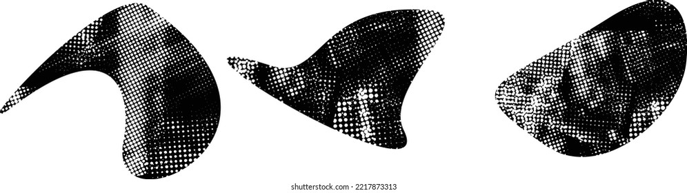 Glitch distorted grungy abstract forms . Blob shape organic. Template for presentation, banner . Fluid isolated shape .Grunge textured . Liquid vector shapes with  halftone dots .Screen print texture
