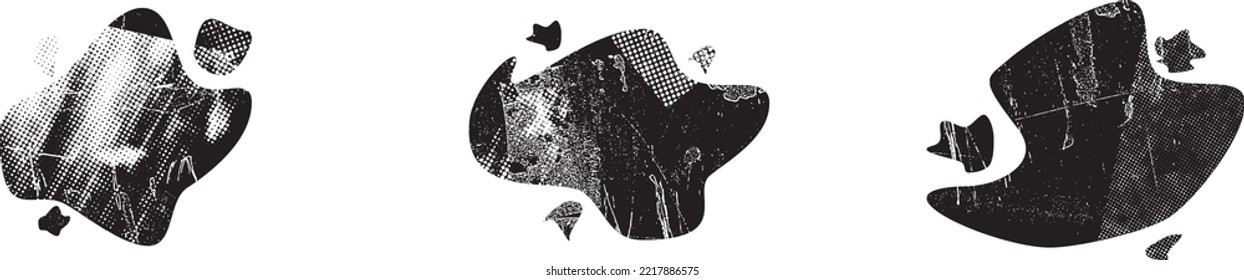 Formas abstractas de grisco distorsionadas. El blob forma orgánico. Plantilla para presentación, banner . Forma fluida aislada .Grunge texturado. Formas vectoriales líquidas con puntos de semitono .Textura de impresión de pantalla