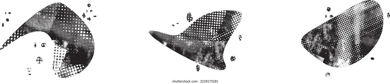 Glitch distorted grungy abstract forms . Blob shape organic. Template for presentation, banner . Fluid isolated shape .Grunge textured . Liquid vector shapes with halftone dots .Screen print texture