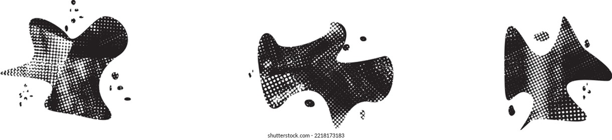 Glitch distorted grungy abstract forms . Blob shape organic. Template for presentation, banner . Fluid isolated shape .Grunge textured . Liquid vector shapes with halftone dots .Screen print texture