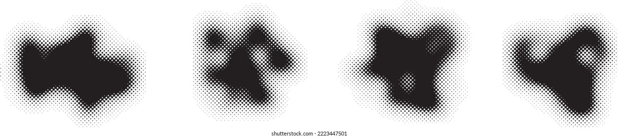 Glitch distorted grungy abstract forms . Blob shape organic. Template for presentation, banner . Fluid isolated shape .Grunge textured . Liquid vector shapes with halftone dots .Screen print texture