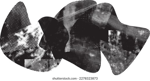 Formas abstractas de grisco distorsionadas. El blob forma orgánico. Plantilla para presentación, banner . Forma fluida aislada .Grunge texturado. Formas vectoriales líquidas con puntos de semitono .Textura de impresión de pantalla