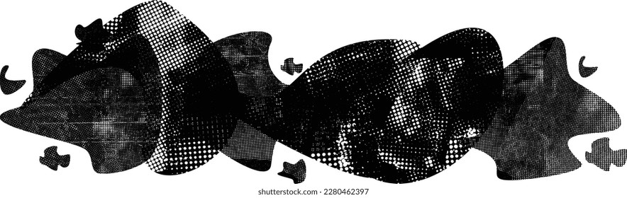 Glitch distorted grungy abstract forms . Blob shape organic. Template for presentation, banner . Fluid isolated shape .Grunge textured . Liquid vector shapes with  halftone dots .Screen print texture