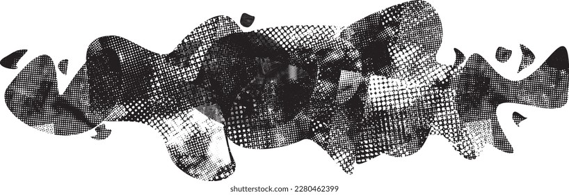 Glitch distorted grungy abstract forms . Blob shape organic. Template for presentation, banner . Fluid isolated shape .Grunge textured . Liquid vector shapes with  halftone dots .Screen print texture