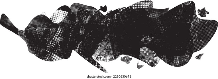 Glitch distorted grungy abstract forms . Blob shape organic. Template for presentation, banner . Fluid isolated shape .Grunge textured . Liquid vector shapes with  halftone dots .Screen print texture