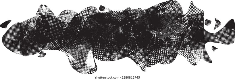 Glitch distorted grungy abstract forms . Blob shape organic. Template for presentation, banner . Fluid isolated shape .Grunge textured . Liquid vector shapes with  halftone dots .Screen print texture