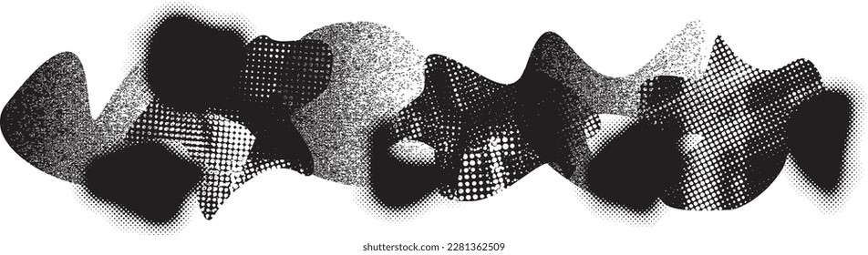 Glitch distorted grungy abstract forms . Blob shape organic. Template for presentation, banner . Fluid isolated shape .Grunge textured . Liquid vector shapes with  halftone dots .Screen print texture