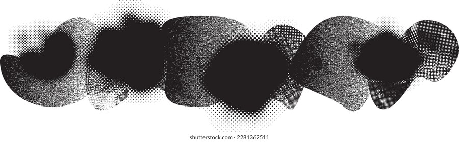 Glitch distorted grungy abstract forms . Blob shape organic. Template for presentation, banner . Fluid isolated shape .Grunge textured . Liquid vector shapes with  halftone dots .Screen print texture