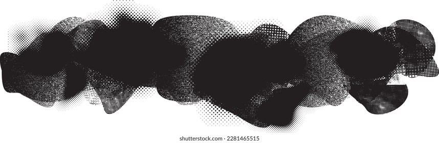 Glitch distorted grungy abstract forms . Blob shape organic. Template for presentation, banner . Fluid isolated shape .Grunge textured . Liquid vector shapes with  halftone dots .Screen print texture
