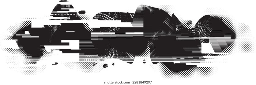 Glitch distorted grungy abstract forms . Blob shape organic. Template for presentation, banner . Fluid isolated shape .Grunge textured . Liquid vector shapes with  halftone dots .Screen print texture