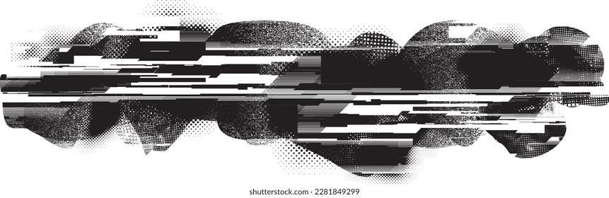Glitch distorted grungy abstract forms . Blob shape organic. Template for presentation, banner . Fluid isolated shape .Grunge textured . Liquid vector shapes with  halftone dots .Screen print texture
