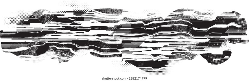 Glitch distorted grungy abstract forms . Blob shape organic. Template for presentation, banner . Fluid isolated shape .Grunge textured . Liquid vector shapes with  halftone dots .Screen print texture