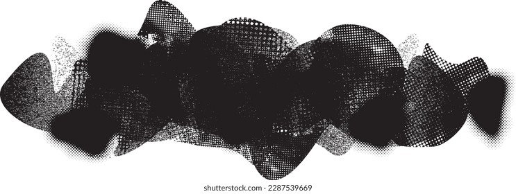 Glitch distorted grungy abstract forms . Blob shape organic. Template for presentation, banner . Fluid isolated shape .Grunge textured . Liquid vector shapes with  halftone dots .Screen print texture