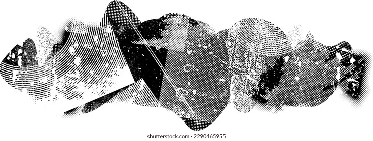 Glitch distorted grungy abstract forms . Blob shape organic. Template for presentation, banner . Fluid isolated shape .Grunge textured . Liquid vector shapes with  halftone dots .Screen print texture