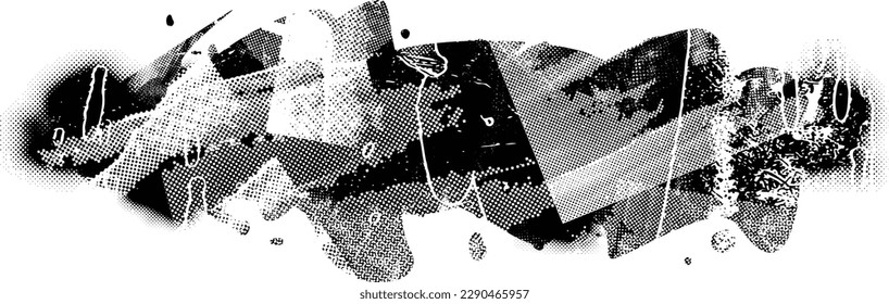Glitch distorted grungy abstract forms . Blob shape organic. Template for presentation, banner . Fluid isolated shape .Grunge textured . Liquid vector shapes with  halftone dots .Screen print texture