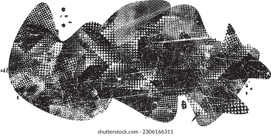 Glitch distorted grungy abstract forms . Blob shape organic. Template for presentation, banner . Fluid isolated shape .Grunge textured . Liquid vector shapes with  halftone dots .Screen print texture